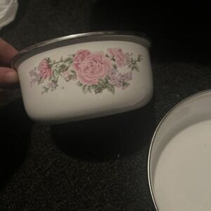 Vtg Enamel Nesting Bowl White Pink Purple Floral Roses Silver Rim (2)
